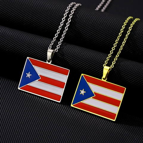 Vintage Stainless Steel Puerto Rico Flag Coqui Frog Pendant Necklace For Men Women Gold Silver Plated Enamel Ethnic Jewelry