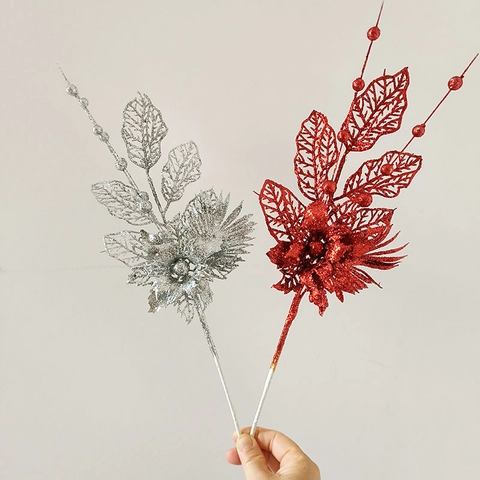 Christmas Artificial Glitter Flower Branch Hollow Leaf Berries DIY Xmas Tree Insert Holiday Party Decoration