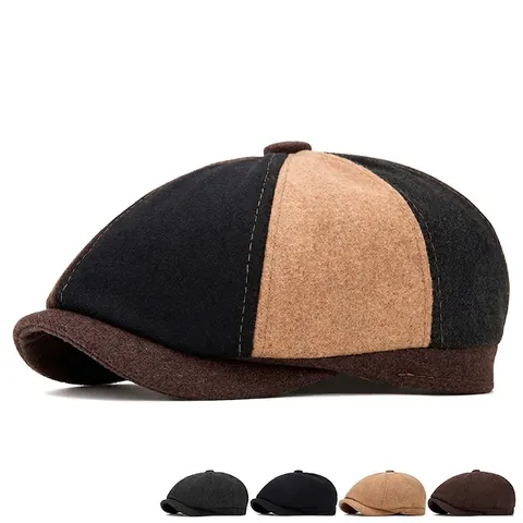 Vintage Color Block Schiebermütze Polyester Wolltextur Achteckige Mütze Verstellbar Retro Britischer Stil Herren Damen