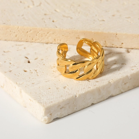 Adjustable Ring 18K Gold Plated Stainless Steel Cuban Chain Link Wide Open Design Minimalist Fashion Jewelry For Women
