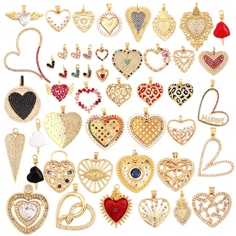 Heart Shaped Pendant Copper Gold Plated Cubic Zirconia Charm For DIY Necklace Jewelry Making Accessories