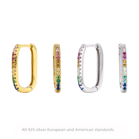 925 Sterling Zilveren Regenboog Zirconia U-vormige Huggie Hoop Oorbellen Rechthoekig Minimalistische Kleurrijke Sieraden Voor Dames