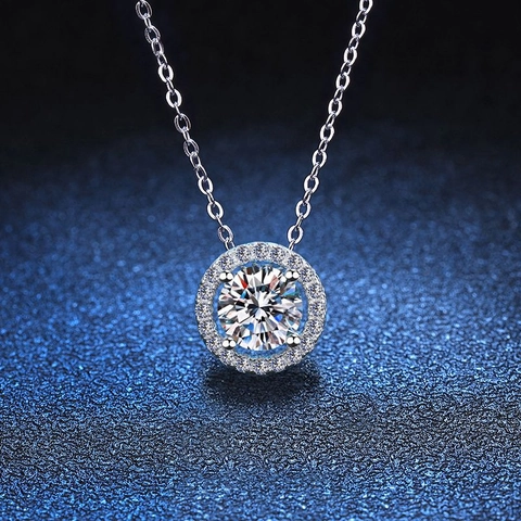Collier Pendentif en Moissanite en Argent Sterling 925 pour Femmes Chaîne de Clavicule Halo Ronde Collier Géométrique en Strass Cadeau Bijoux