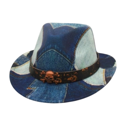 Chapeau Fedora En Jean Patchwork Vintage Avec Bande En Cuir Et Crâne En Métal Style Punk Rock Western