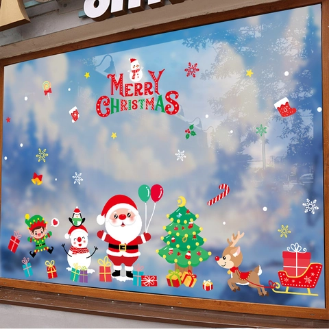 Vetrofanie Natalizie Babbo Natale Pupazzo Di Neve Renna Adesivi PVC Statici Porta Vetro Casa Decorazione Festiva Cartone