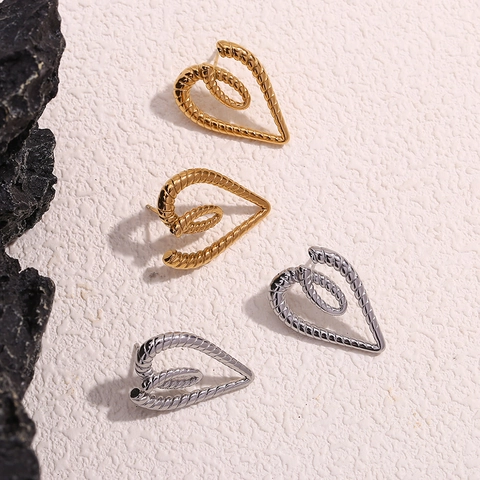 Pendientes de Botón de Corazón de Acero Inoxidable Vintage Textura de Cuerda Retorcida Chapado en Oro Plata Joyas Mujer