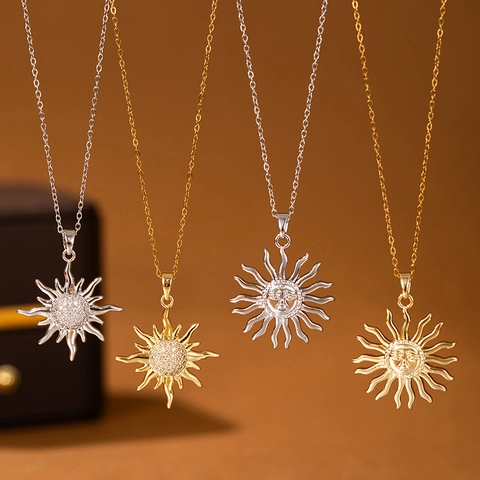 Vintage Edelstahl Sonne Gesicht Anhänger Halskette Für Damen Kupfer Rot Strass Eingelegt Mode Schmuck O-Kette Halsketten