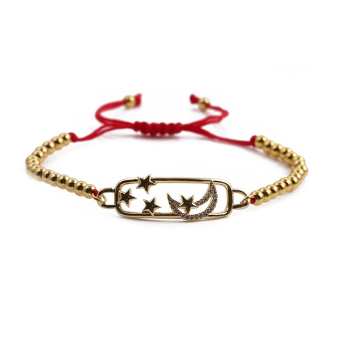 Star Moon Charm Bracelet Copper Gold Plated With Cubic Zirconia Adjustable Woven Rope Fashion Jewelry For Women