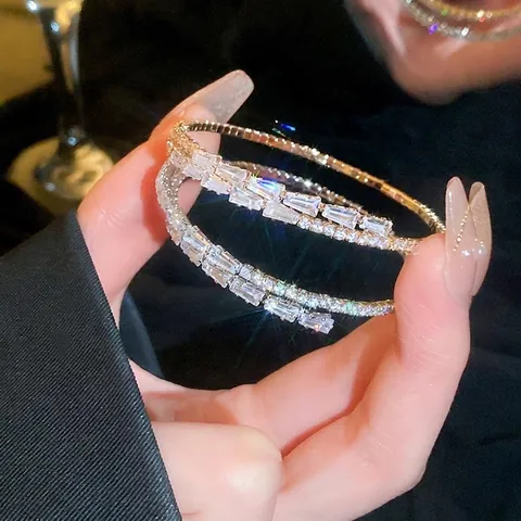 Shiny Zircon Open Bangle For Women Double Row Baguette And Round Inlaid Copper Jewelry Luxury Elegant Style