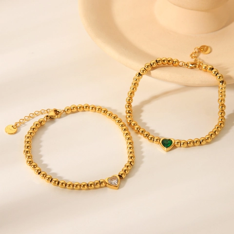 Pulsera De Cuentas Con Colgante De Corazón Acero Inoxidable Chapado En Oro De 18K Circón Incrustado Joyería Para Mujer