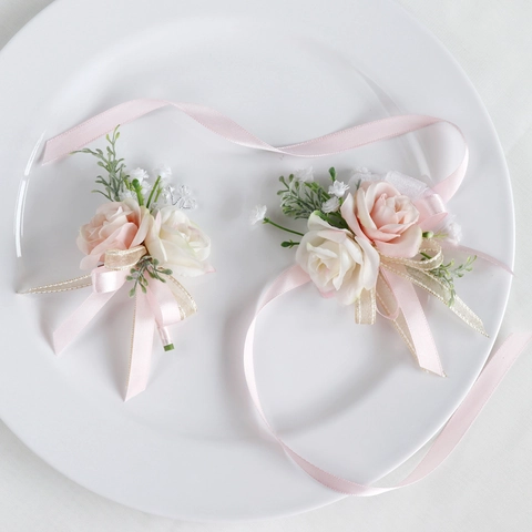 Artificial Rose Boutonniere And Wrist Corsage Satin Flower Satin Ribbon Wedding Party Prom Bridesmaid Groom Accessory