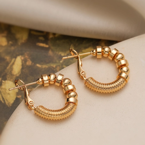 Geometric Hoop Earrings Copper Gold Plated Hollow Clover C Shaped Beaded Punk Style Jewelry For Women