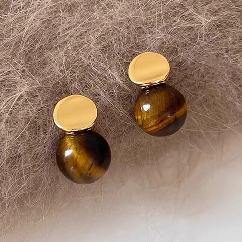 Tiger Eye Stone Stud Earrings Vintage Round Geometric 18K Gold Plated Alloy With 925 Sterling Silver Earring Post For Women