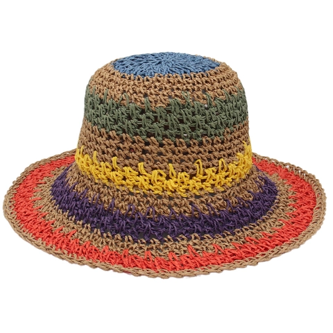 Bohemian Colorful Striped Straw Bucket Hat Foldable Crochet Sun Protection Beach Summer Resort Hat For Women