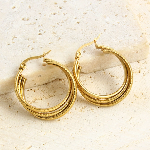 Stainless Steel Triple Layer Hoop Earrings For Women 18K Gold Plated Twisted Geometric C-Shaped With 925 Sterling Silver Post