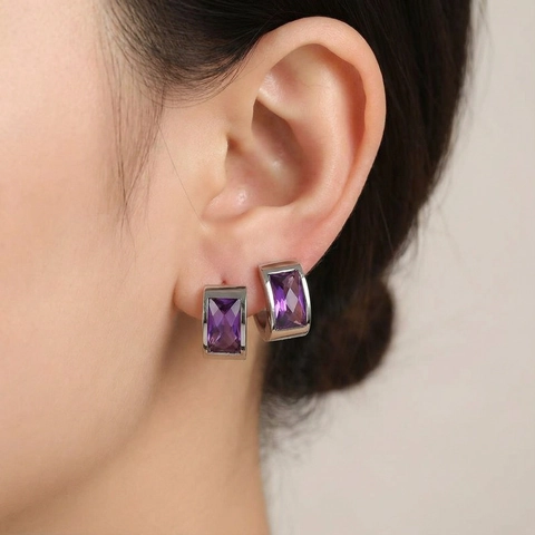 Stainless Steel Huggie Hoop Earrings Rectangular Colorful Crystal Geometric U Shaped Modern Fashion Jewelry For Women