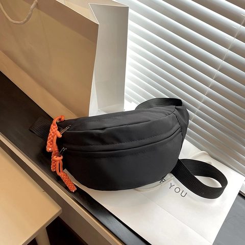Women Canvas Waist Bag Large Capacity Chest Crossbody Bag Streetwear Minimalist Solid Color With Orange Zipper Pull