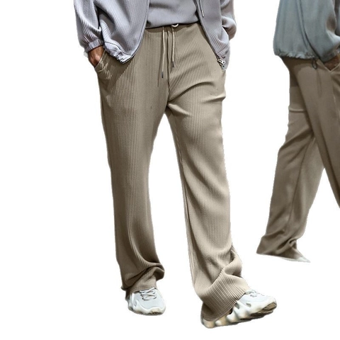 Pantalones Casuales De Pierna Ancha Para Hombre De Jacquard Acanalado Rectos Con Cordón Cintura Elástica