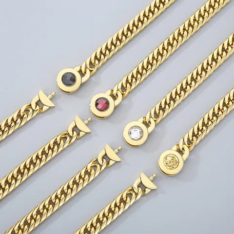 Collana A Catena Cubana Acciaio Inossidabile Lucidato Chiusura Teschio Cristallo Incastonato Moda Hip Hop Punk Uomo