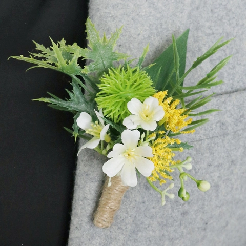 Artificial Wedding Boutonniere Satin Flower Greenery With Hemp Rope Forest Style Corsage For Groom Groomsman Business Event