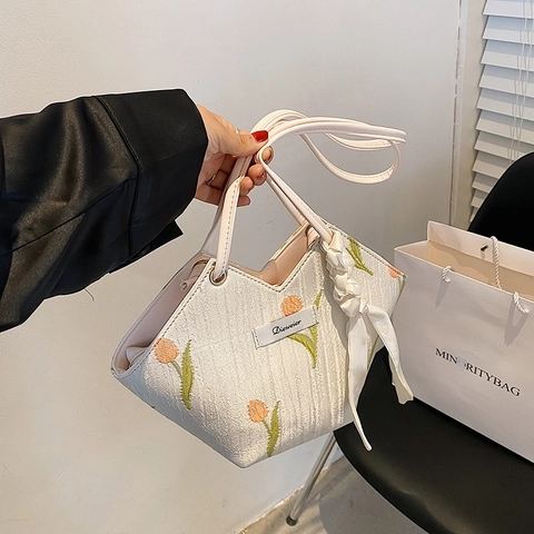Borsa Tote Da Donna Di Moda Apertura A V Ricamo Floreale Borsa Jacquard Con Nastro Di Raso Chic Estate Pendolare