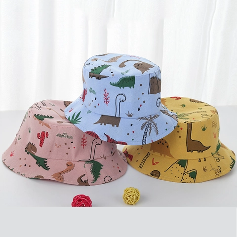 Süßer Cartoon Dinosaurier Druck Baumwolle Anglerhut Für Kleinkinder Baby Sonnenschutz Fischerhut Mit Windband Für Jungen Mädchen