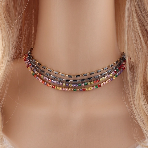 Collier Tennis Arc-En-Ciel Cuivre Plaqué Or Zircon Carré Coloré Choker Réglable Bijoux Pour Femmes