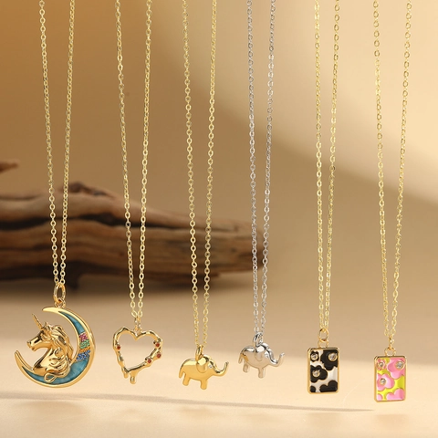 Baroque Pendant Necklace Copper Zircon Enamel Cute Elephant Unicorn Moon Heart Floral Fashion Clavicle Chain For Women