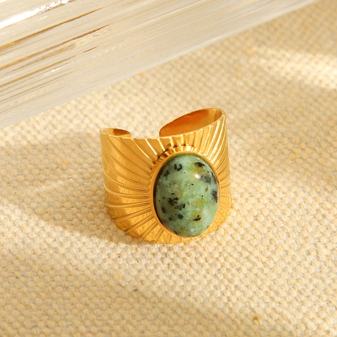 Retro French Court Style Stainless Steel Wide Band Open Ring With Oval Green Spotted Natural Stone For Women