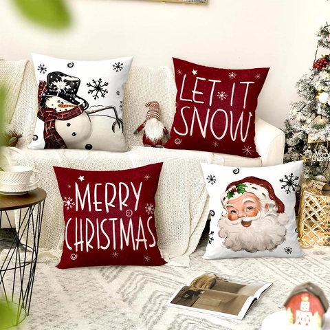 Housses De Coussin De Noël Lin Polyester Père Noël Bonhomme De Neige Décoration De Fête Pour Canapé Salon