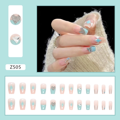 French Press On Nails Blue Pink Gradient Heart Rhinestone Decor Artificial False Fingernails For Women Elegant Style