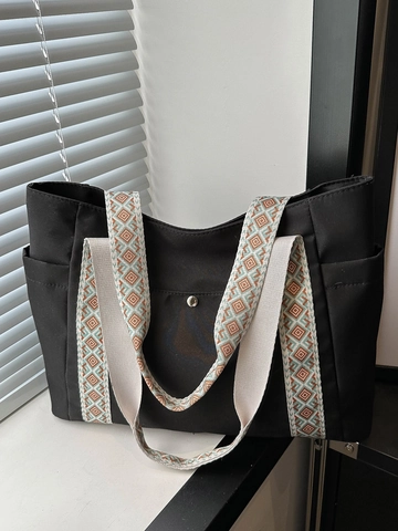 Borsa Tote In Tela Di Grande Capacità Borsa A Spalla Casual Con Tracolla Fantasia Geometrica Tasche Laterali Stile Vintage Per Donna