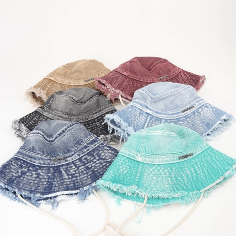 Cappello Da Pescatore In Denim Lavato Bordo Sfilacciato Protezione Solare Retro Berretto Con Coulisse Regolabile Donne