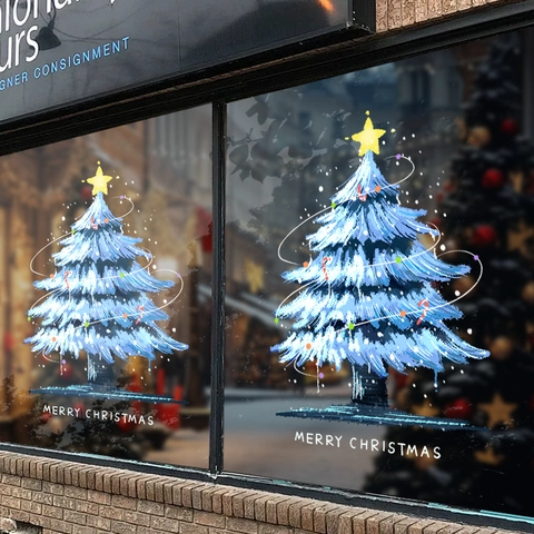 Christmas Window Stickers Static Cling PVC Blue Tree Merry Christmas Glass Door Decal Holiday Party Decoration Snowflake