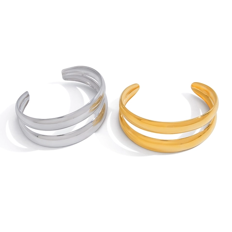Double Layer Open Cuff Bangle 18K Gold Plated Stainless Steel Minimalist Polished Fashion Jewelry For Women