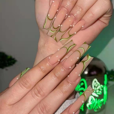Long Coffin Press On Nails Nude Pink With Green Ripple Wave Pattern And Micro Artificial Pearl Decor Elegant Wearable False Nails