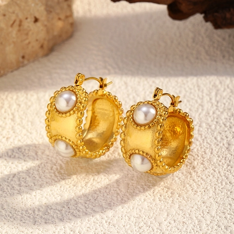 Orecchini a Cerchio Vintage in Acciaio Inossidabile per Donna Oro Galvanizzato Tonda Perla Artificiale Gioielli
