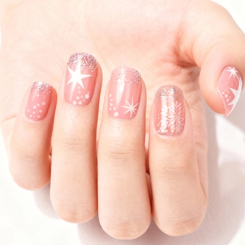 Press On Nails Pink With Silver Glitter Gradient White Snowflake Winter French Style Square Fake Nails For Women