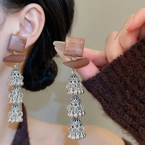 Retro Jhumka Dangle Earrings Wood Hollow Bells With 925 Sterling Silver Earring Post Bohemian Ethnic Style Jewelry Women