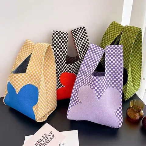 Knitted Handbag Checkerboard Heart Flower Pattern Polyester Yarn Wrist Tote Bag Women Casual Daily Use