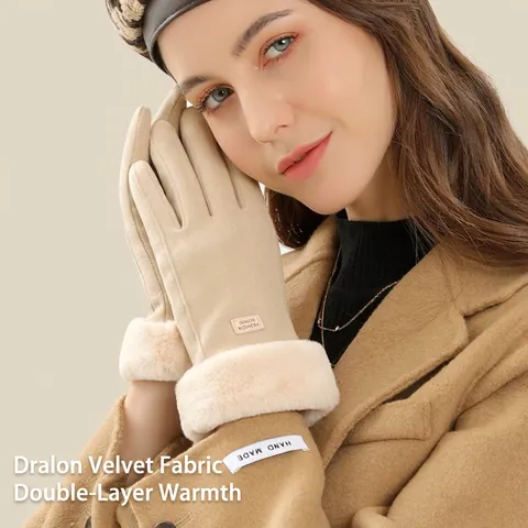 Winter Thermal Gloves Women De Velvet Thickened Windproof Touchscreen Faux Fur Cuff Outdoor Cold Weather Fashion