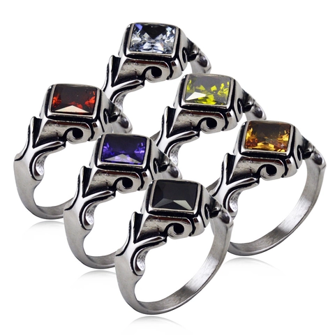 Vintage Edelstahl Ring Quadratischer Zirkonia Edelstein Gothic Punk Retro Graviertes Band Schmuck Für Herren Damen
