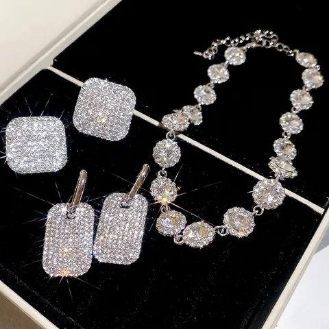 Strass Geometrische Halskette Ohrringe Quadrat Rechteck Schmuck Mit Silver Earring Post Mode Accessoires Für Frauen