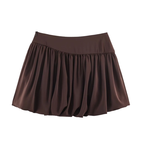 Women Bubble Mini Skirt High Waist Pleated Satin Polyester Puff Short Skirt Streetwear Chic Sexy Coffee Brown