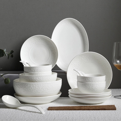 Vaisselle En Céramique Blanche Relief Gaufré Porcelaine Bols Assiettes Cuillères Élégante Cuisine