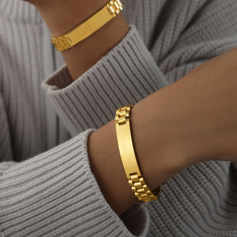 Pulsera De Acero De Titanio Con Eslabones De Reloj Placa Rectangular Pulida Cadena Geométrica Para Hombres Unisex Moda Minimalista