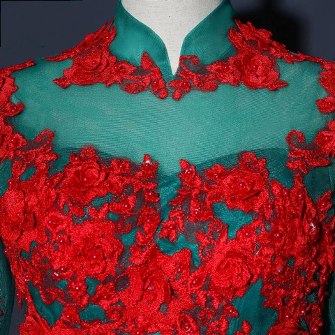 Elegante Abito Da Sera Maniche Lunghe Collo Alto Raso Ricamo Floreale Schiena Scoperta Stringato Festa Matrimonio Gala