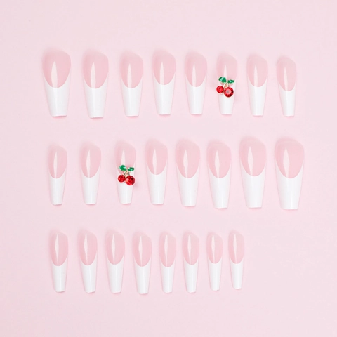Press On Nails Lang Sarg Französisch Rosa Weiß Mit 3D Kirsche Strass Dekorationen Süße Maniküre Für Frauen