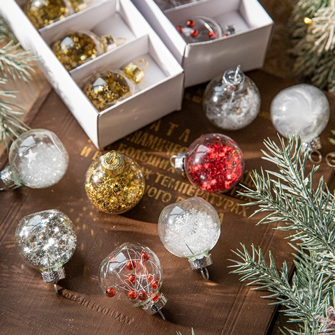 Transparente Glas Weihnachtskugeln Mit Glitzer Sternen Schnee Feder Beeren Füllungen Feiertag Baum Hängen Dekor
