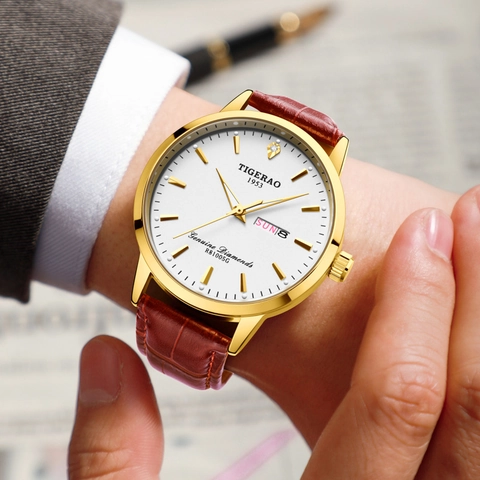 Men Quartz Watch Leather Strap Stainless Steel Waterproof Luminous Day Date Luxury Business Wristwatch
